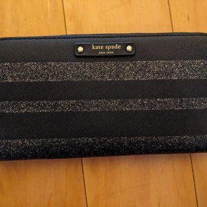 Kate Spade - Black and Silver Glitter Stripe Continental Wallet w/ Gold Hardware